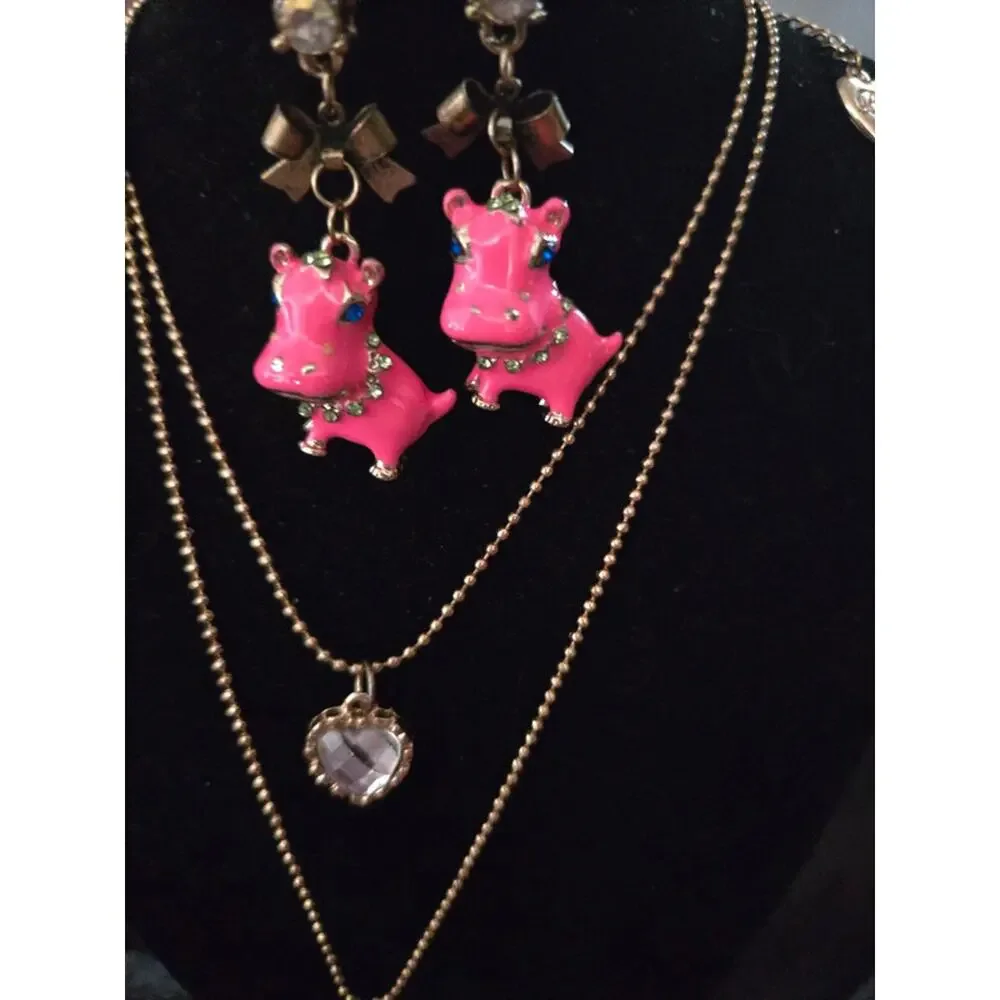 Vintage Pink Enamel hippo Betsey Johnson necklace/earrings set